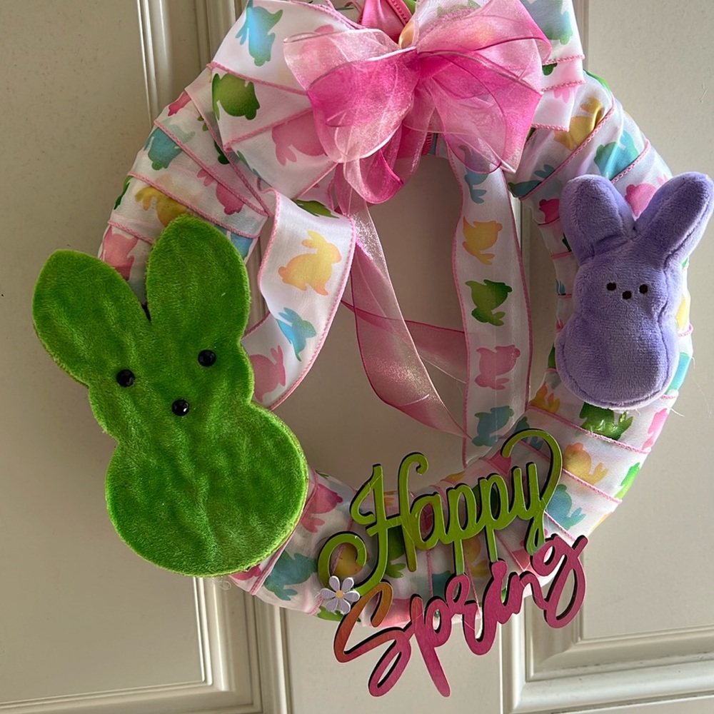 Spring Easter 12 inch Wreath with Pink Bow and Green peeps